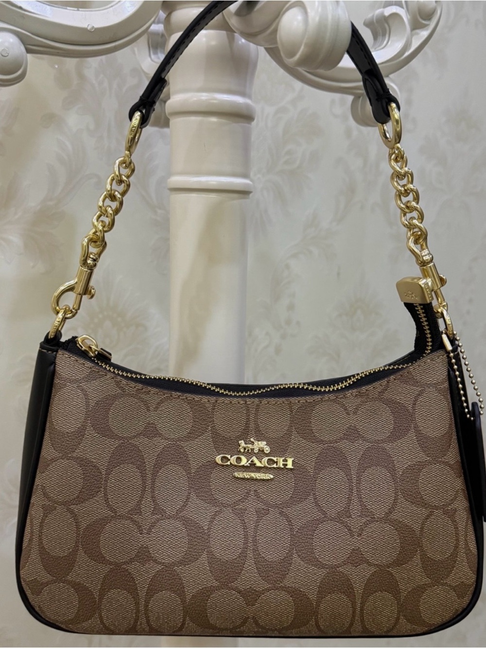 Coach Brown Signature Canvas Shoulder Bag with Gold Hardware